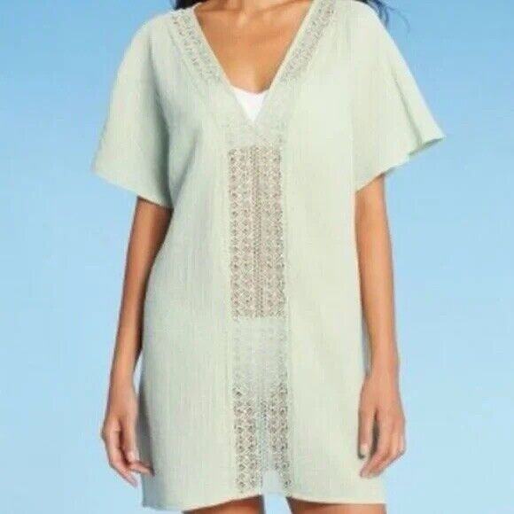 KONA SOL Gauze Tunic Cover Up  Cotton Green Beach Top Short Sleeve - Picture 7 of 7